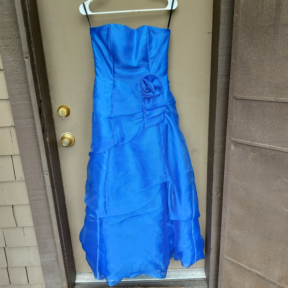 Vintage Jeasica McClintock Gunne Sax Blue Strapless Organza Rosette Formal Dress